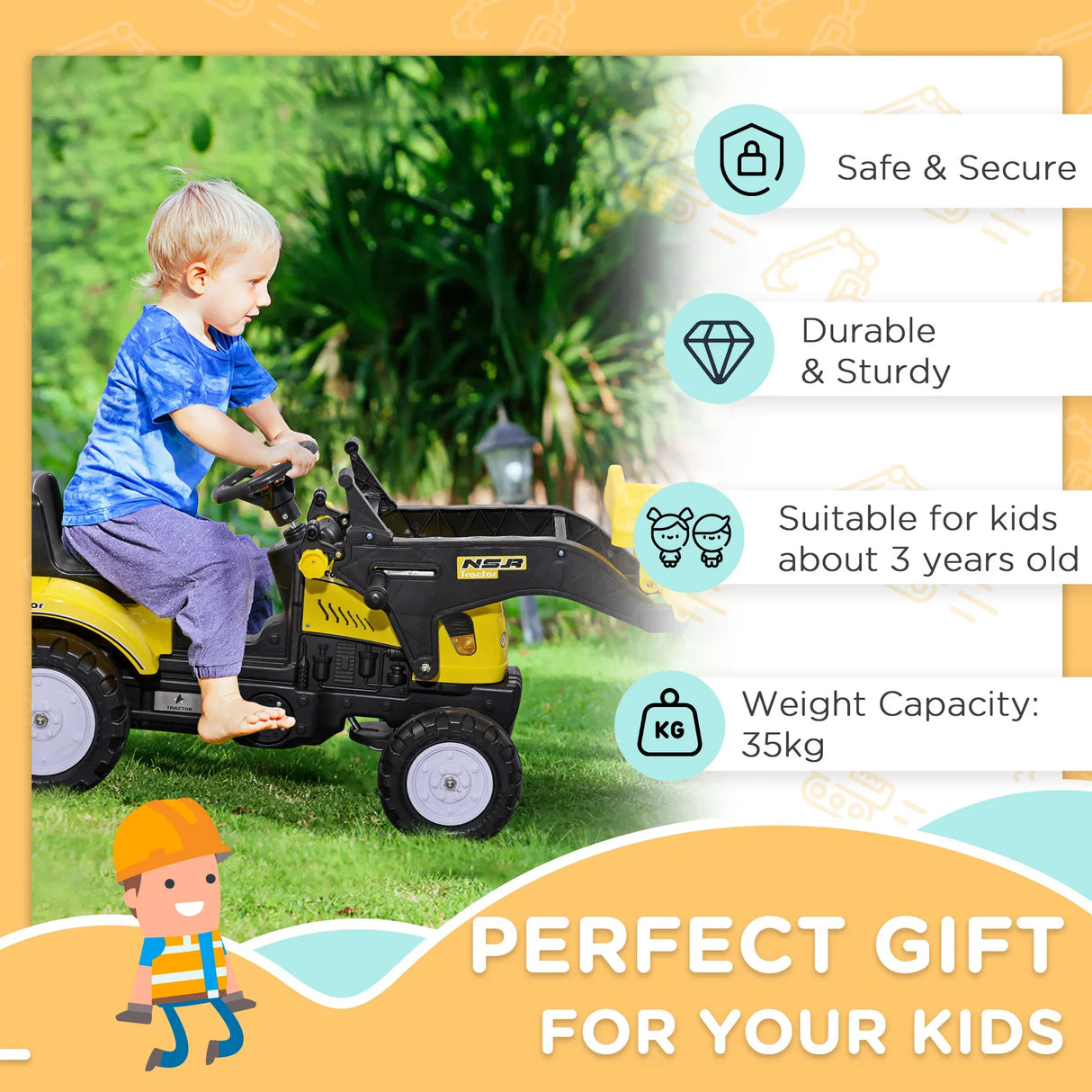 Kids Manual Pedal Ride-On Excavator With Front Loader Digger - Omega Lifestyles