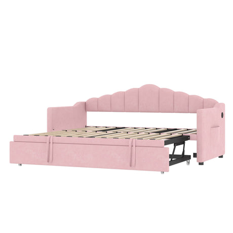 Upholstered Twin Velvet Daybed With Adjustable Trundle And Charging - Omega Lifestyles
