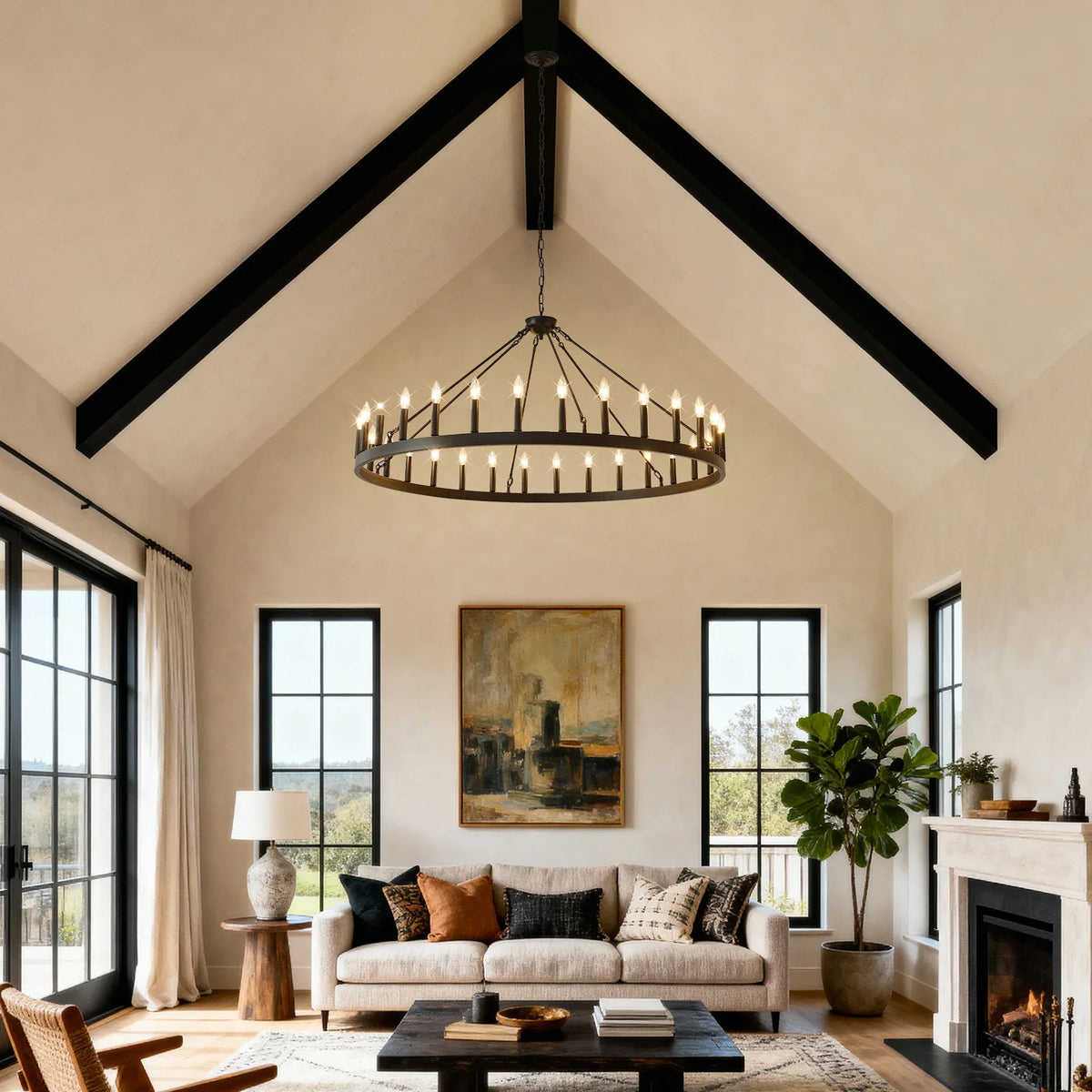 Matte Black Farmhouse Wagon Wheel Chandelier 30-Light - Omega Lifestyles