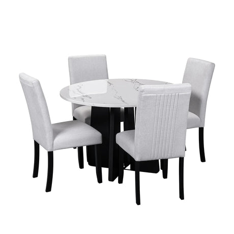 5-Piece Round Solid Wood Dining Table Set With Upholstered Chairs - Omega Lifestyles