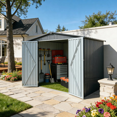Heavy-Duty Galvanized Steel 6x8ft Outdoor Storage Shed - Omega Lifestyles