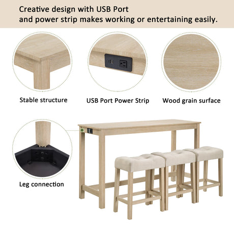 4-Piece Light Oak Bar Table Set With Power Outlet - Omega Lifestyles