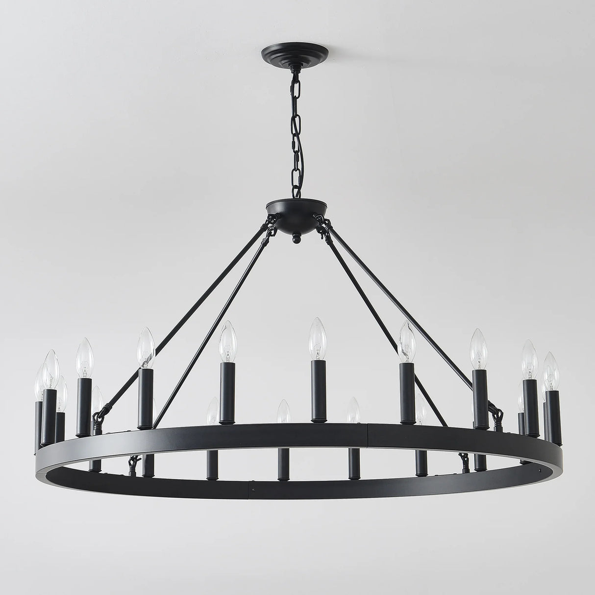 Matte Black 20-Light Farmhouse Wagon Wheel Chandelier - Omega Lifestyles