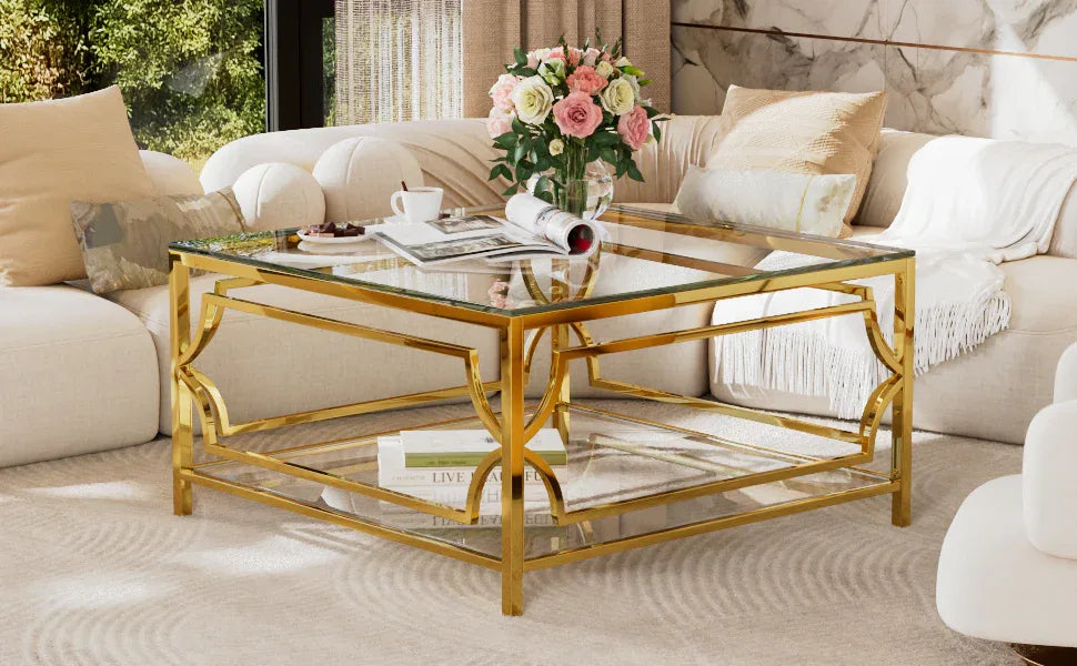 Modern Square Glass Coffee Table With Gold Metal Frame - Omega Lifestyles