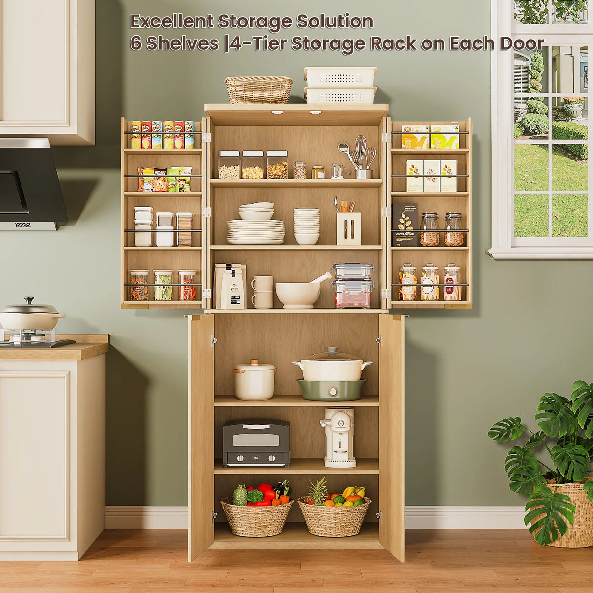 Modern Fluted Walnut Pantry Cabinet With Shelves - Omega Lifestyles