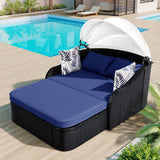 Outdoor PE Rattan Double Sunbed With Adjustable Canopy
