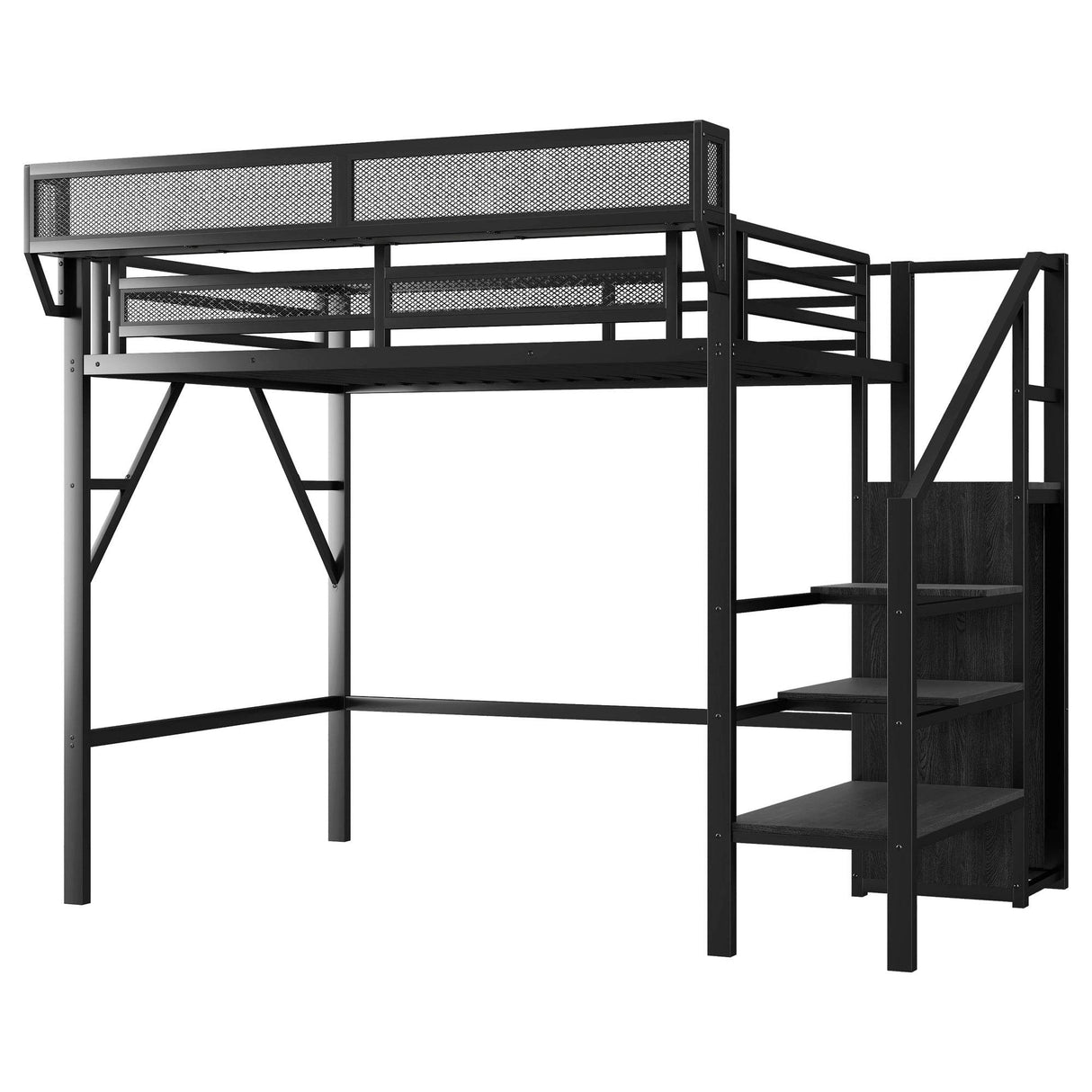 Twin Metal Loft Bed With Stairs Storage Shelves - Omega Lifestyles