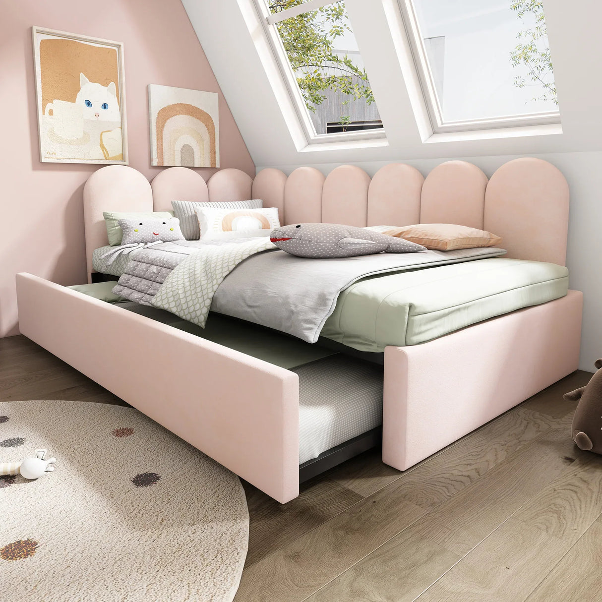 Pink Velvet Twin Daybed With Pull-Out Trundle Bed - Omega Lifestyles