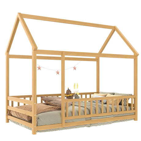 Twin Natural Pine Wood House Frame Floor Bed - Omega Lifestyles