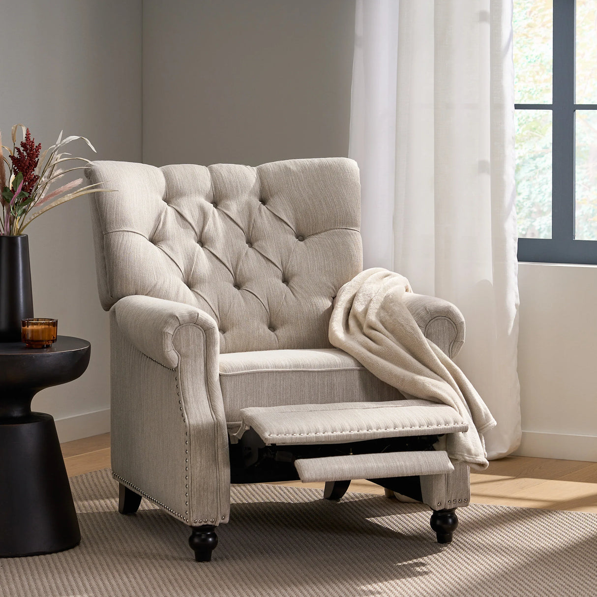 Contemporary Beige Fabric Pushback Recliner Chair - Omega Lifestyles