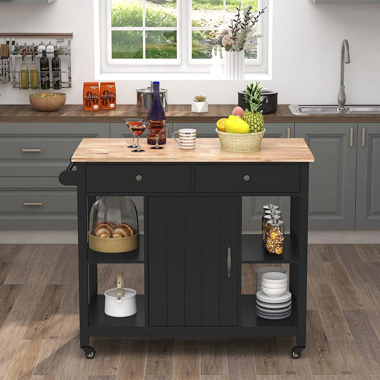 Rubber Wood Kitchen Island Cart With Locking Wheels - Omega Lifestyles