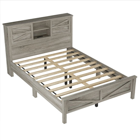 Queen Antique Gray Platform Bed With Sliding Barn Door Storage - Omega Lifestyles