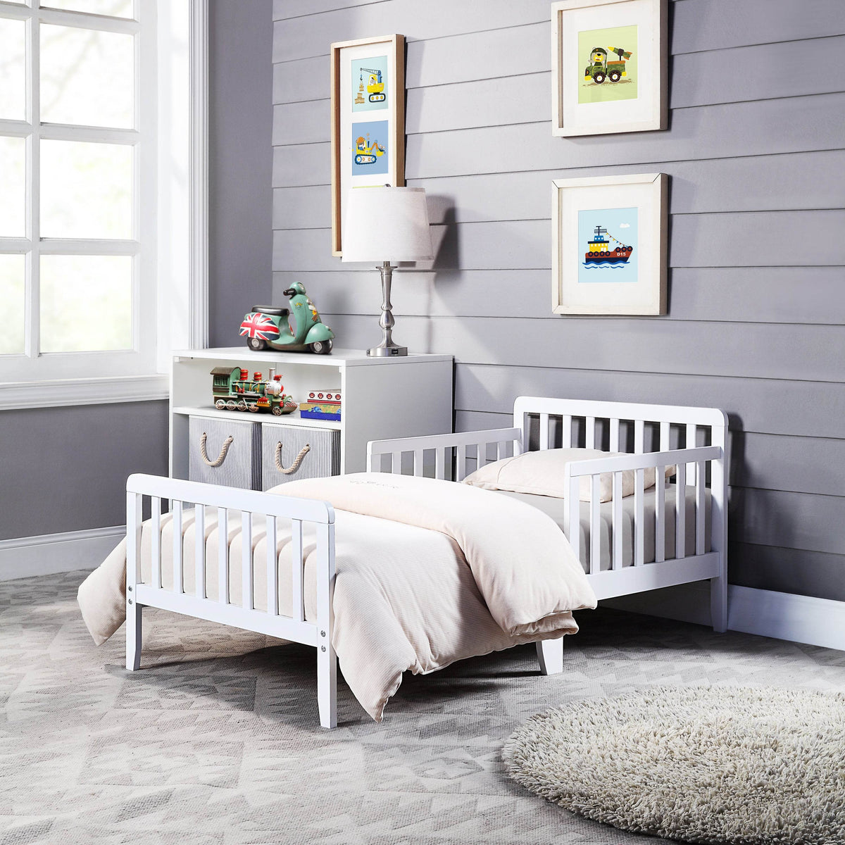 Solid Wood White Toddler Bed With Safety Rails - Omega Lifestyles