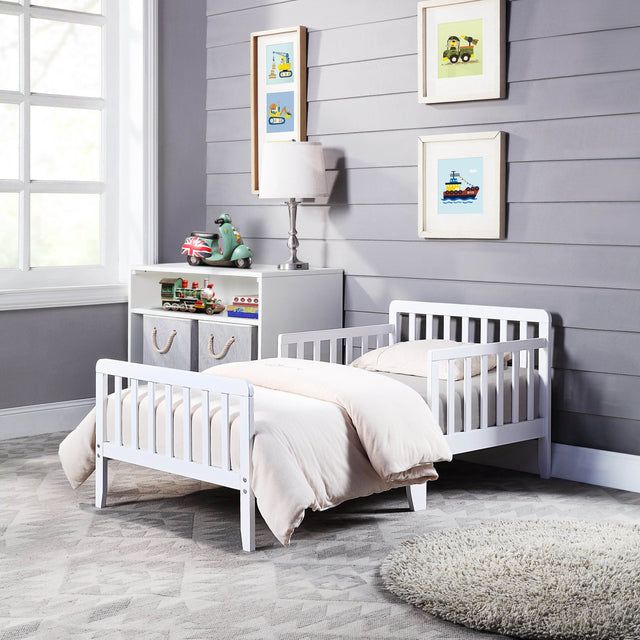 Solid Wood White Toddler Bed With Safety Rails - Omega Lifestyles