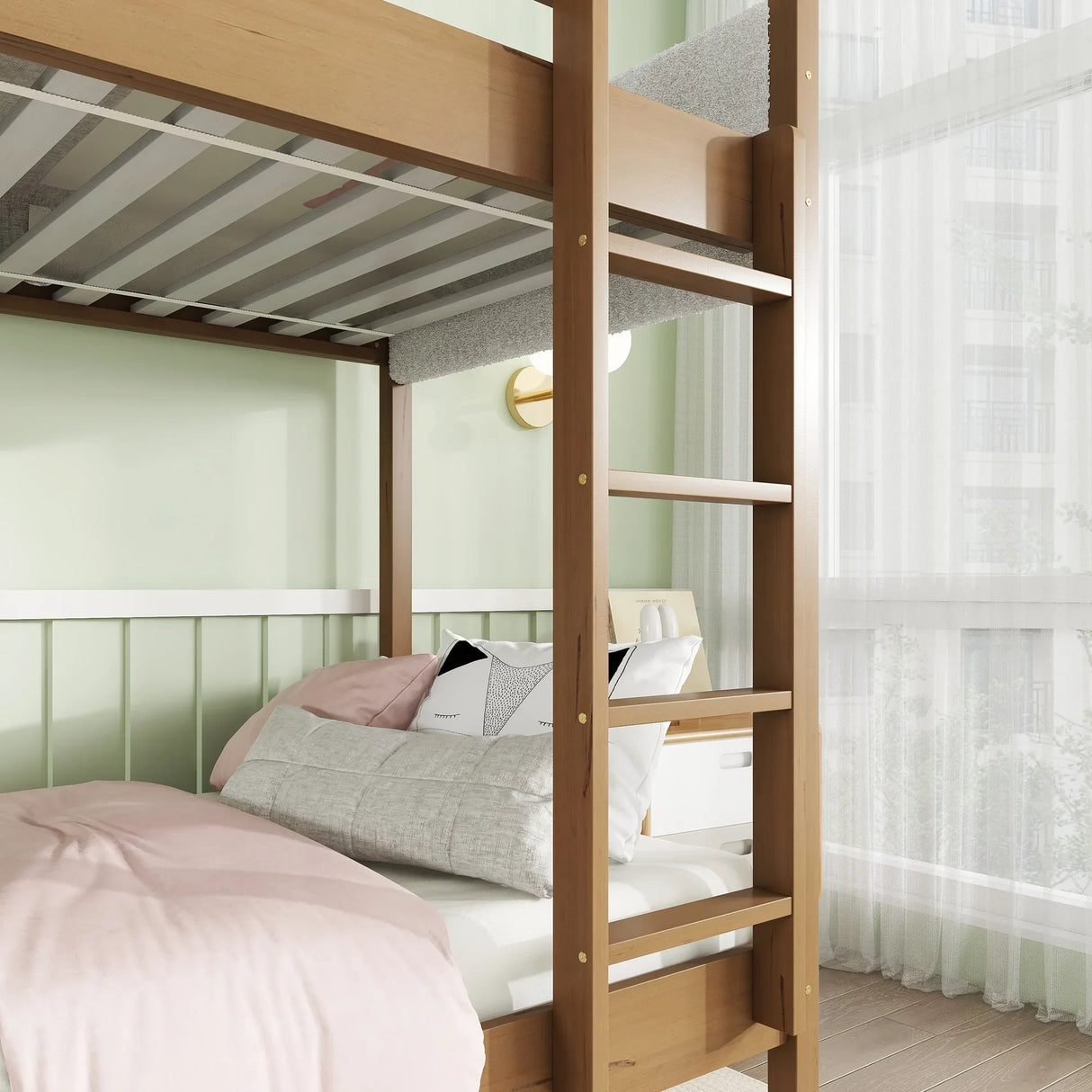 Twin Over Twin Rubber Wood Teddy Fleece Upholstered Bunk Bed - Omega Lifestyles