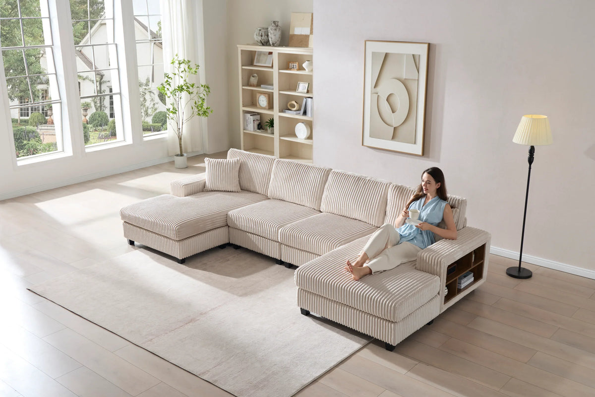 Modern Convertible U-Shaped Corduroy Fabric Sofa - Omega Lifestyles