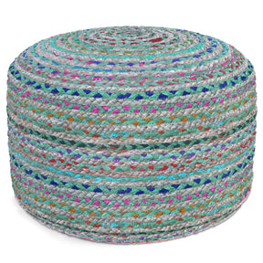 Handcrafted Woven Cotton Jute Green Round Pouf - Omega Lifestyles