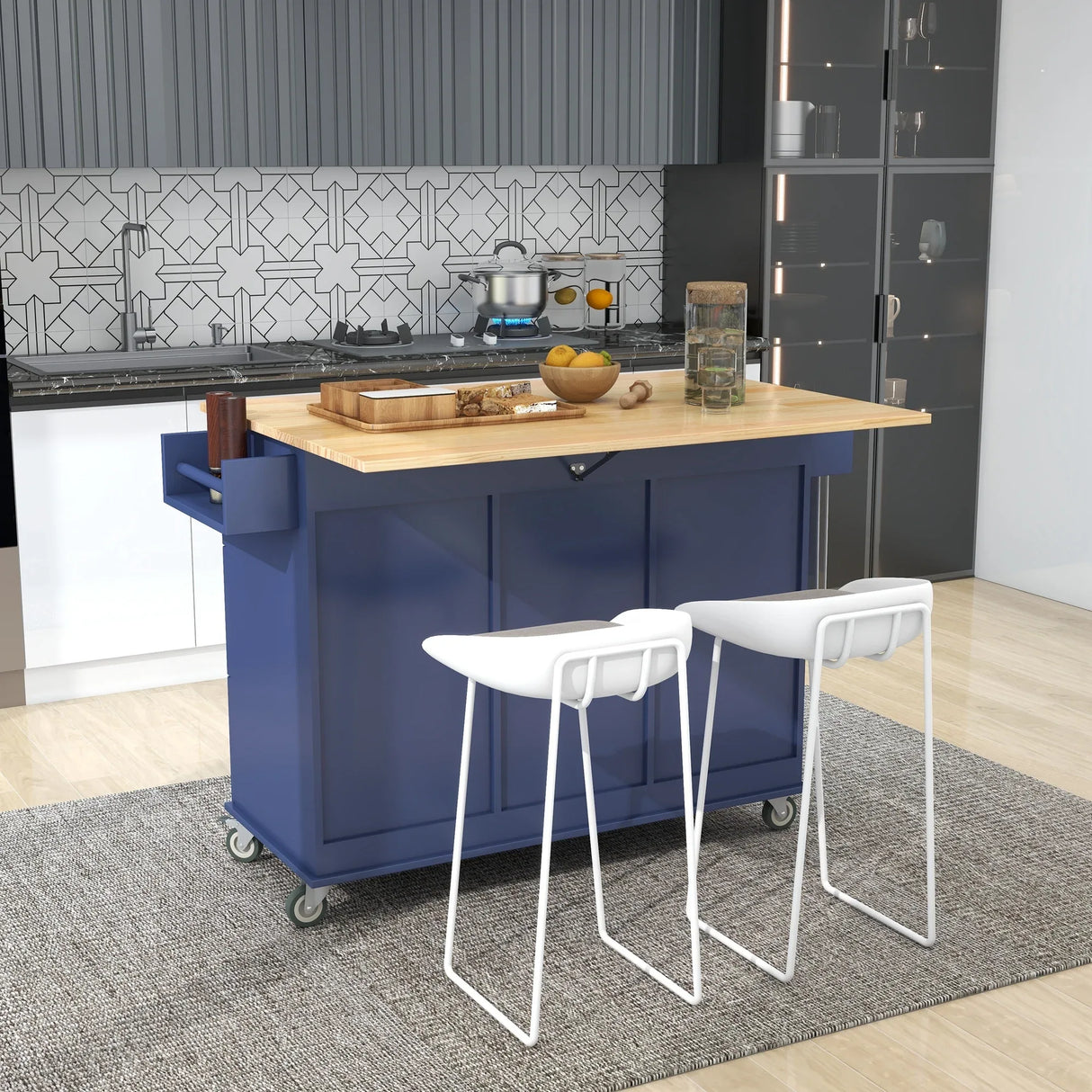 Rolling Mobile Kitchen Island With Solid Wood Top And Storage - Omega Lifestyles