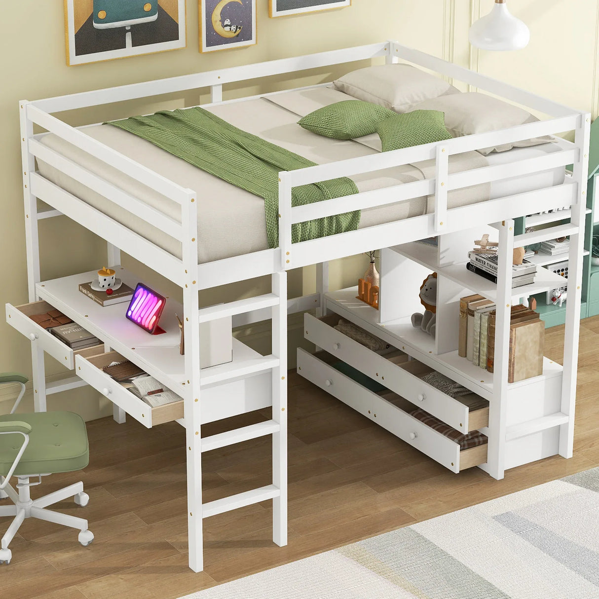 Full White Pine Full Loft Bed With Built-In Desk - Omega Lifestyles