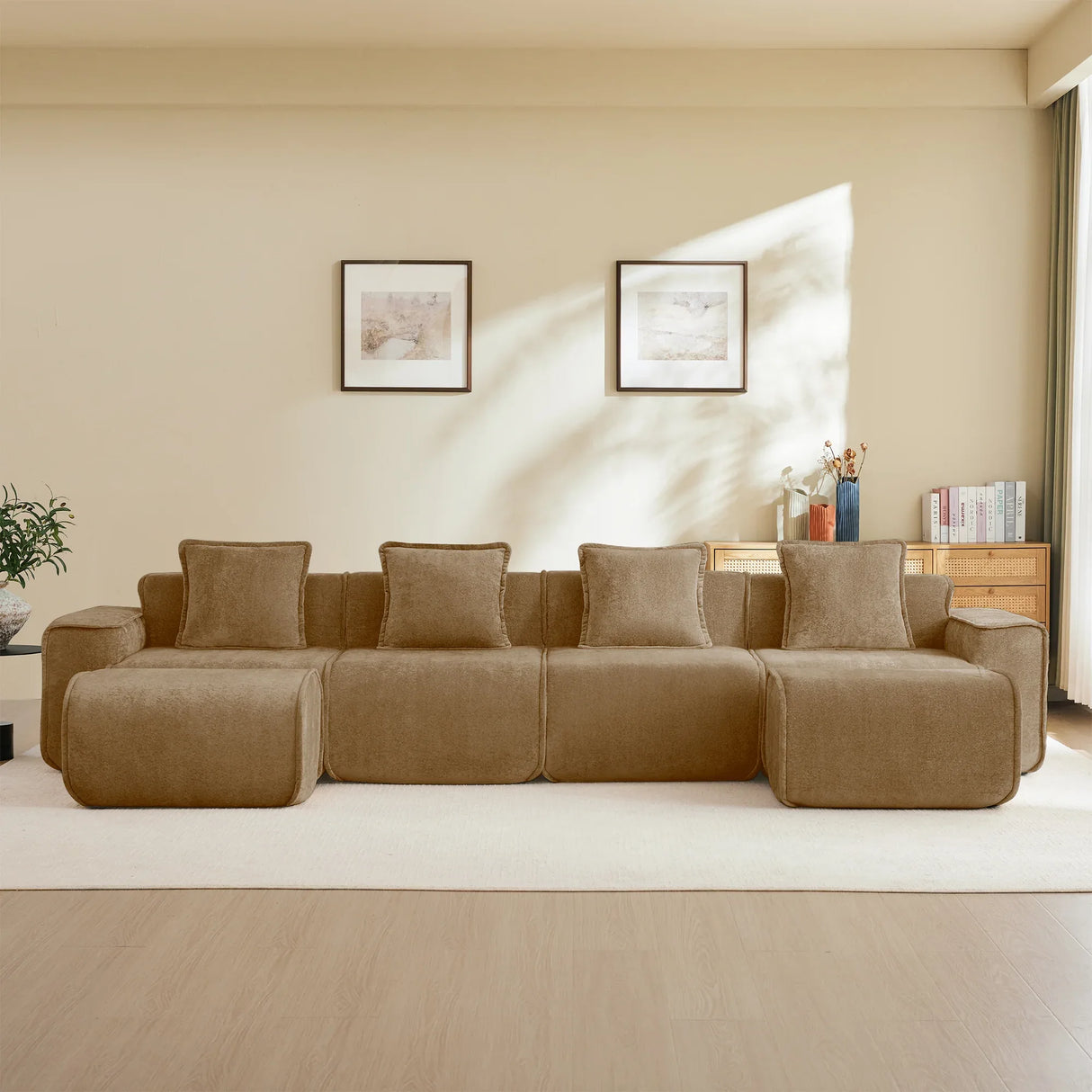 Modular Velvet 4-Seat Boneless Sectional Sofa With Ottomans - Omega Lifestyles