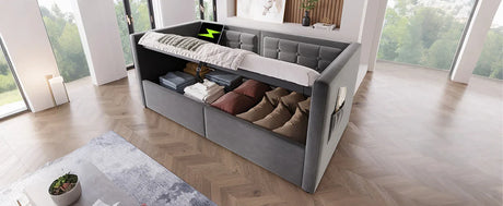 Twin Gray Velvet Upholstered Hydraulic Storage Daybed With USB Charging - Omega Lifestyles
