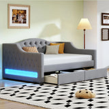 Twin XL Linen Upholstered Daybed With LED Lighting And Drawers - Omega Lifestyles