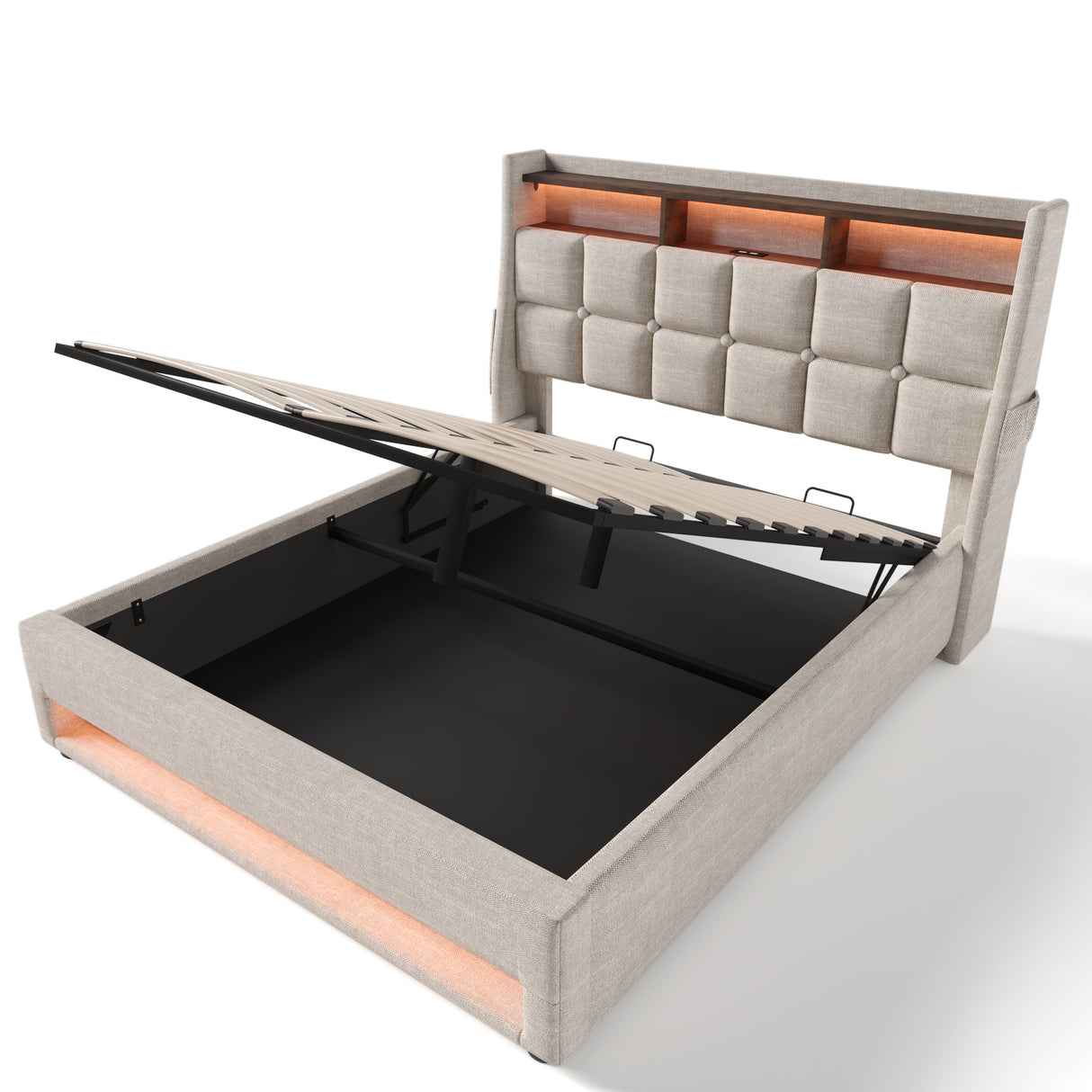 Queen Natural Upholstered Platform Bed With LED Lighting USB