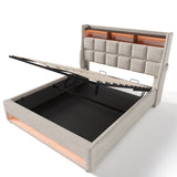 Queen Natural Upholstered Platform Bed With LED Lighting USB