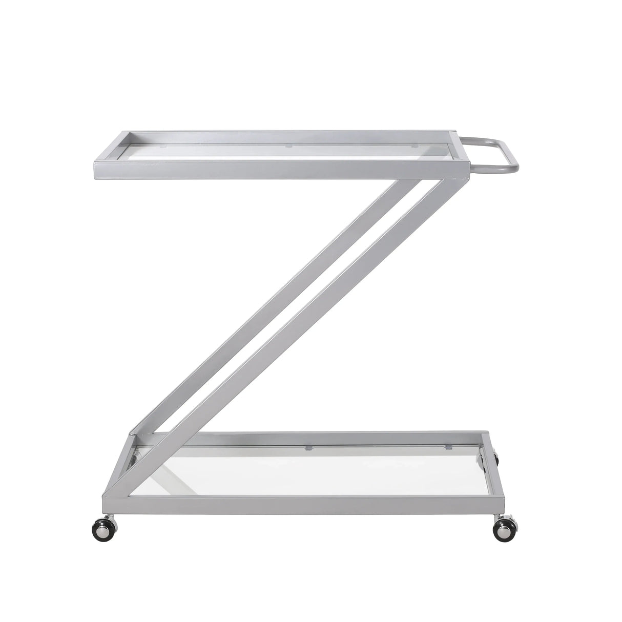 Modern Z-Shaped Silver Glass And Metal Bar Cart - Omega Lifestyles