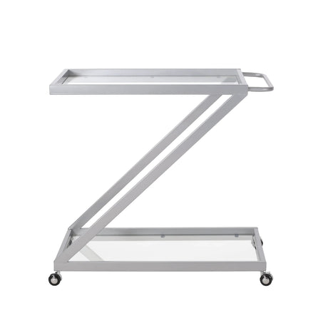 Modern Z-Shaped Silver Glass And Metal Bar Cart - Omega Lifestyles