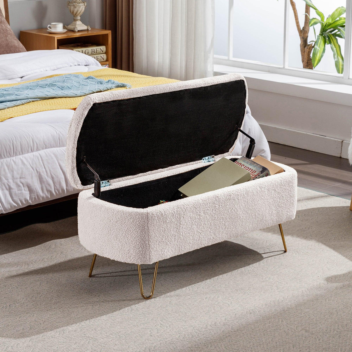 Ivory Faux Fur Upholstered Storage Bench With Gold Legs - Omega Lifestyles