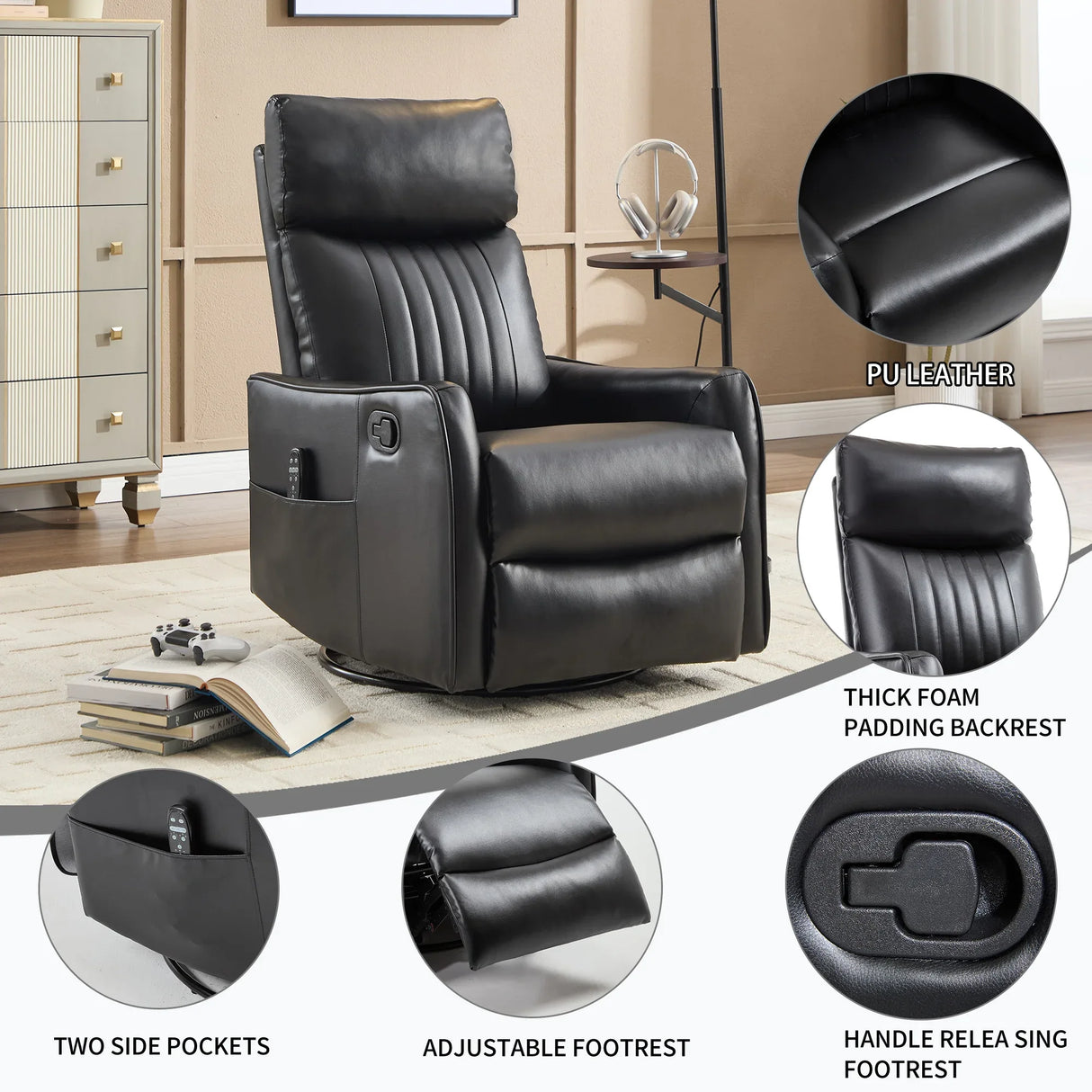 Black Faux Leather Medium-Firm Heat Massage Recliner Chair - Omega Lifestyles