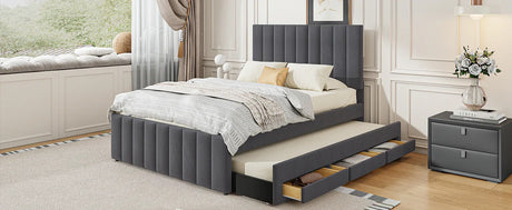 Full Size Upholstered Linen Platform Bed With Trundle Drawers - Omega Lifestyles