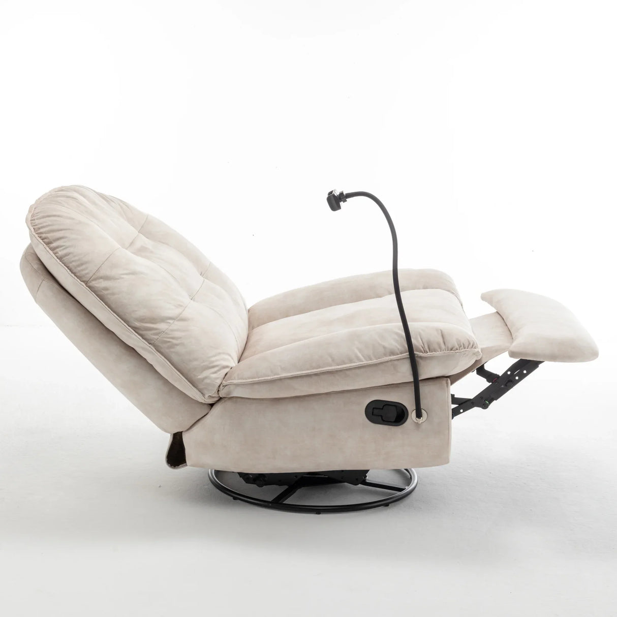 Modern Ivory Velvet Swivel Gliding Recliner Chair With Phone Holder - Omega Lifestyles