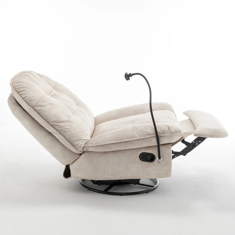 Modern Ivory Velvet Swivel Gliding Recliner Chair With Phone Holder - Omega Lifestyles