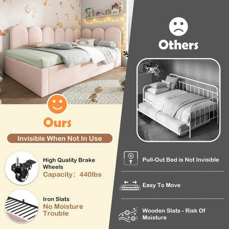 Pink Velvet Twin Daybed With Pull-Out Trundle Bed - Omega Lifestyles