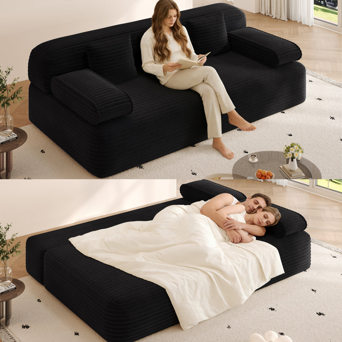 Frameless 2-in-1 Convertible Queen Sofa Bed With Pillows