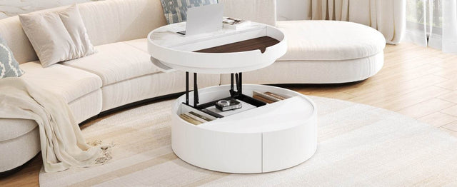 Modern White Walnut Round Lift-Top Coffee Table With Drawer - Omega Lifestyles