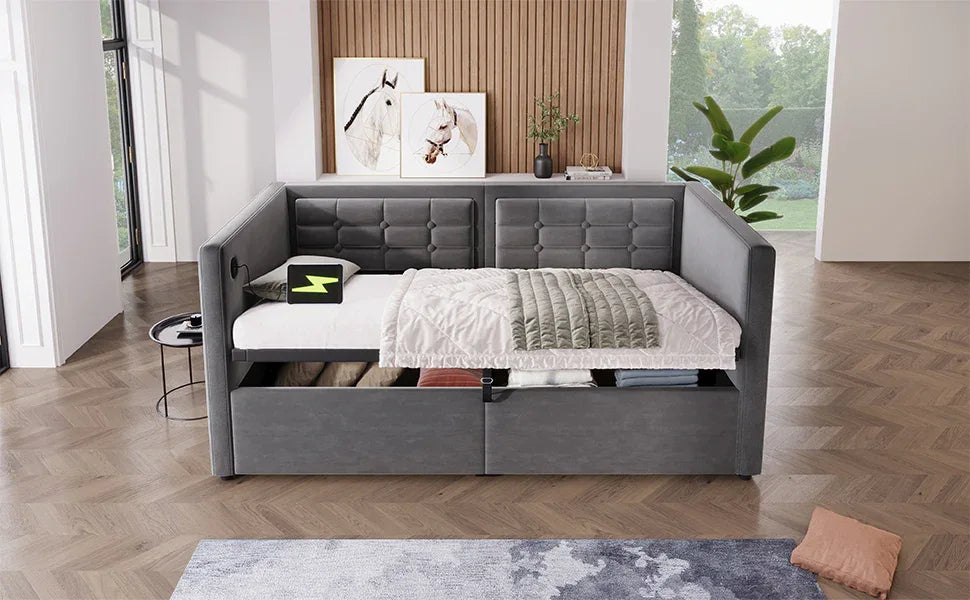 Twin Gray Velvet Upholstered Hydraulic Storage Daybed With USB Charging - Omega Lifestyles