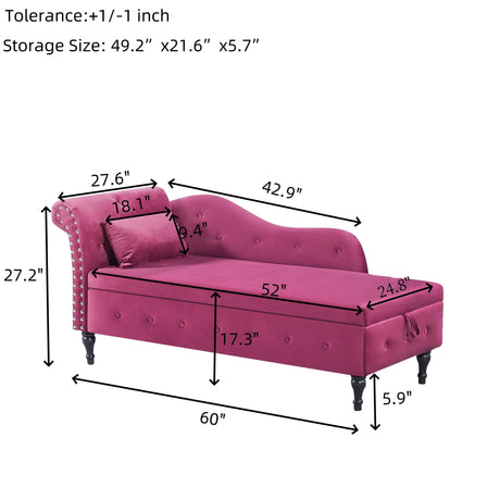 Velvet Upholstered Medium Firm Storage Chaise Lounge Bench - Omega Lifestyles