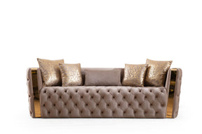 Naomi Velvet Button Tufted Firm Sofa With Gold Accents - Omega Lifestyles