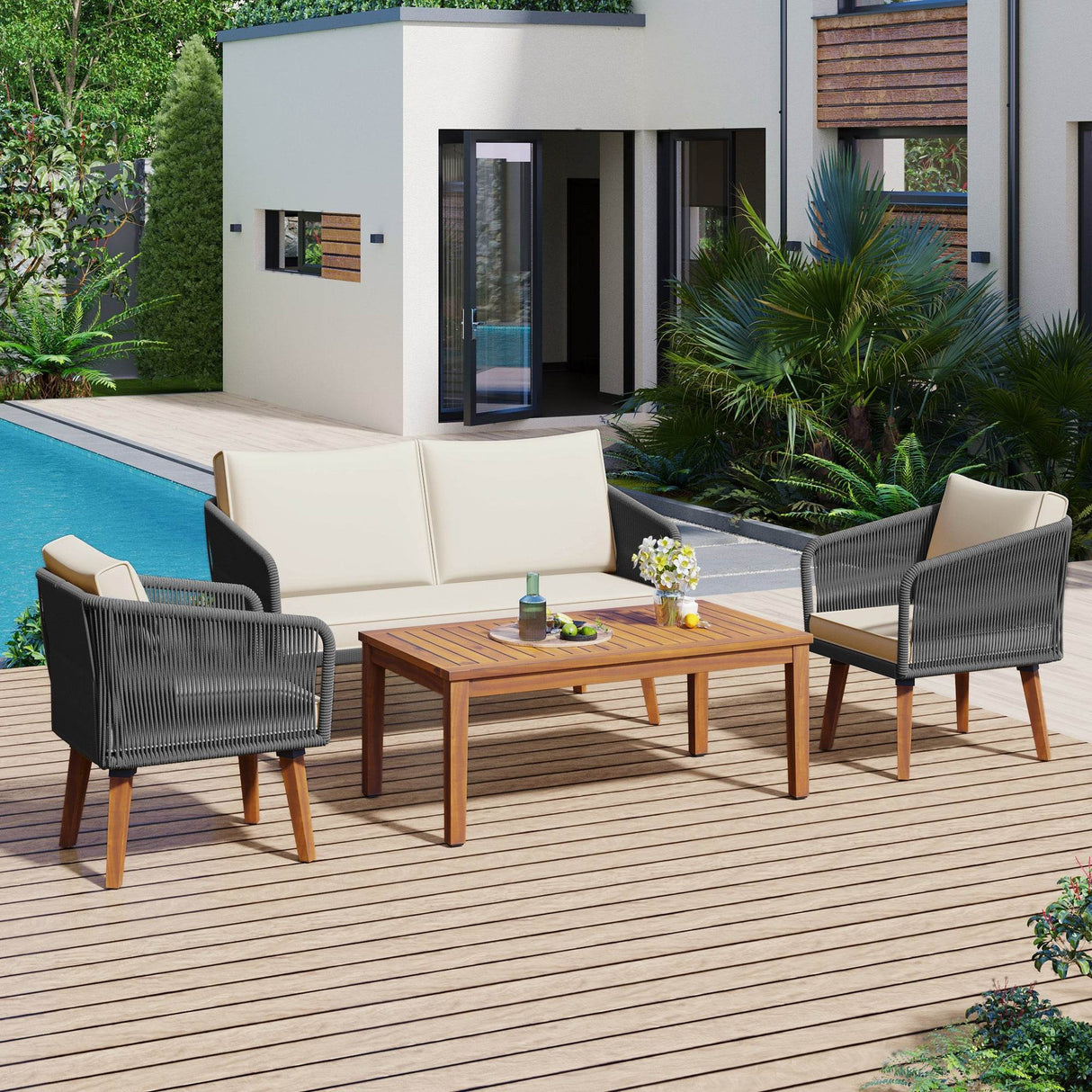 4-Piece Mid-Century Modern Woven Rope Patio Furniture Set - Omega Lifestyles