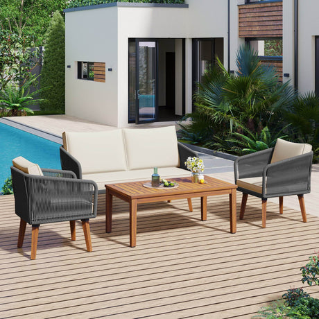4-Piece Mid-Century Modern Woven Rope Patio Furniture Set - Omega Lifestyles