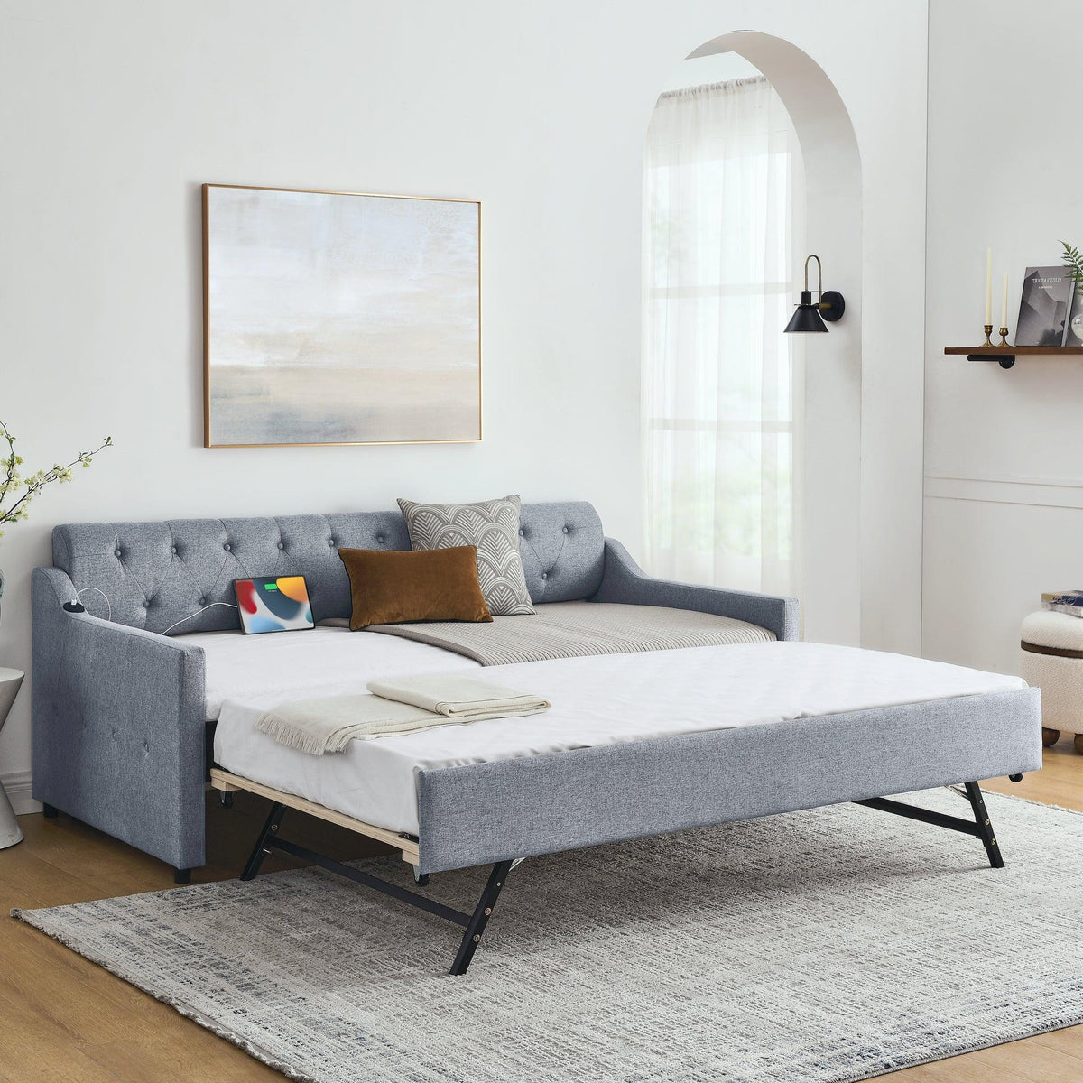 Twin Linen Upholstery Daybed With Erectable Trundle USB Charging - Omega Lifestyles