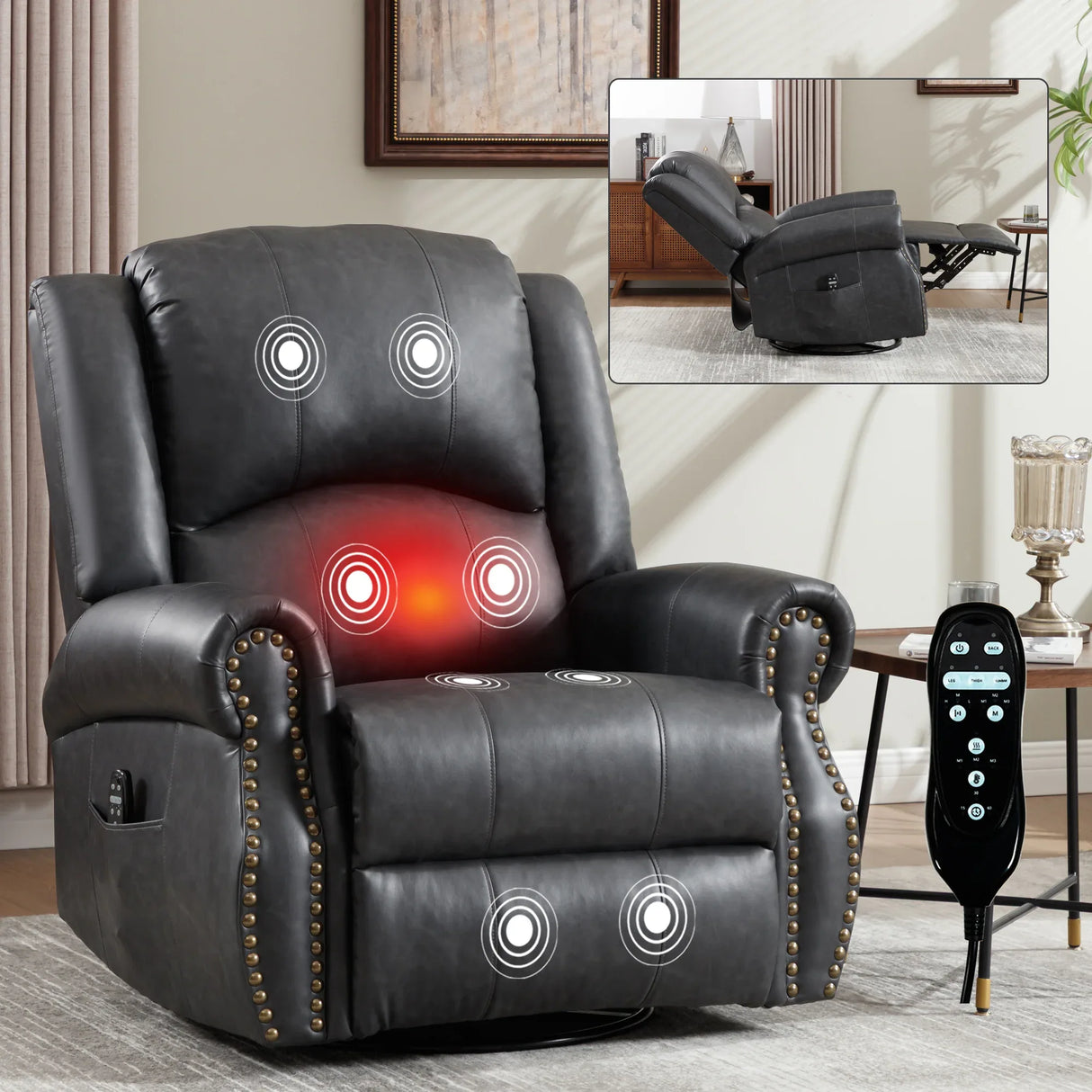 Heat Massage Faux Leather Swivel Rocking Recliner Chair - Omega Lifestyles