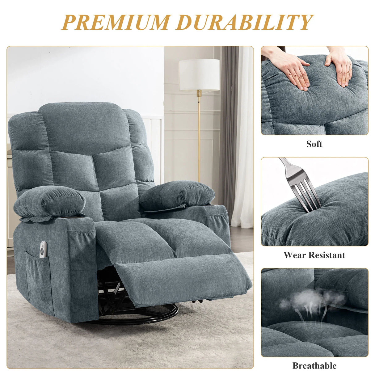 Oversized Soft Linen Massage Recliner Chair With Heating - Omega Lifestyles