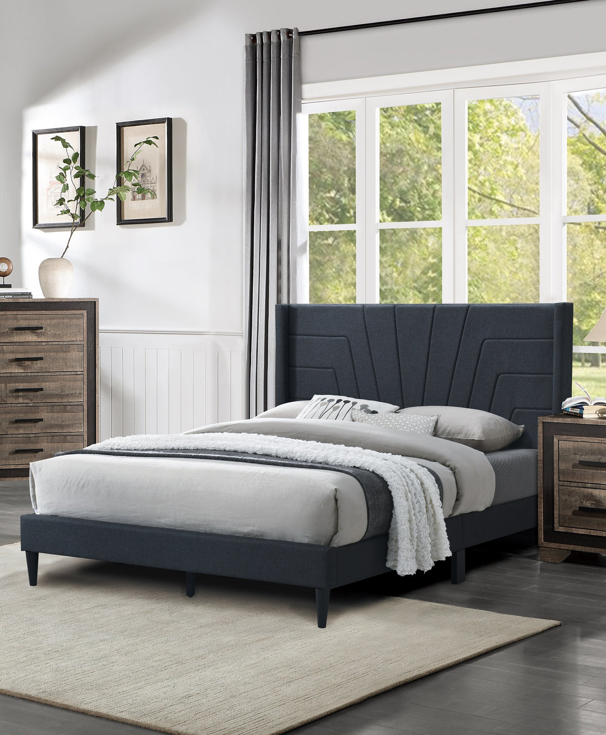 King Charcoal Fabric Upholstered Platform Bed Frame