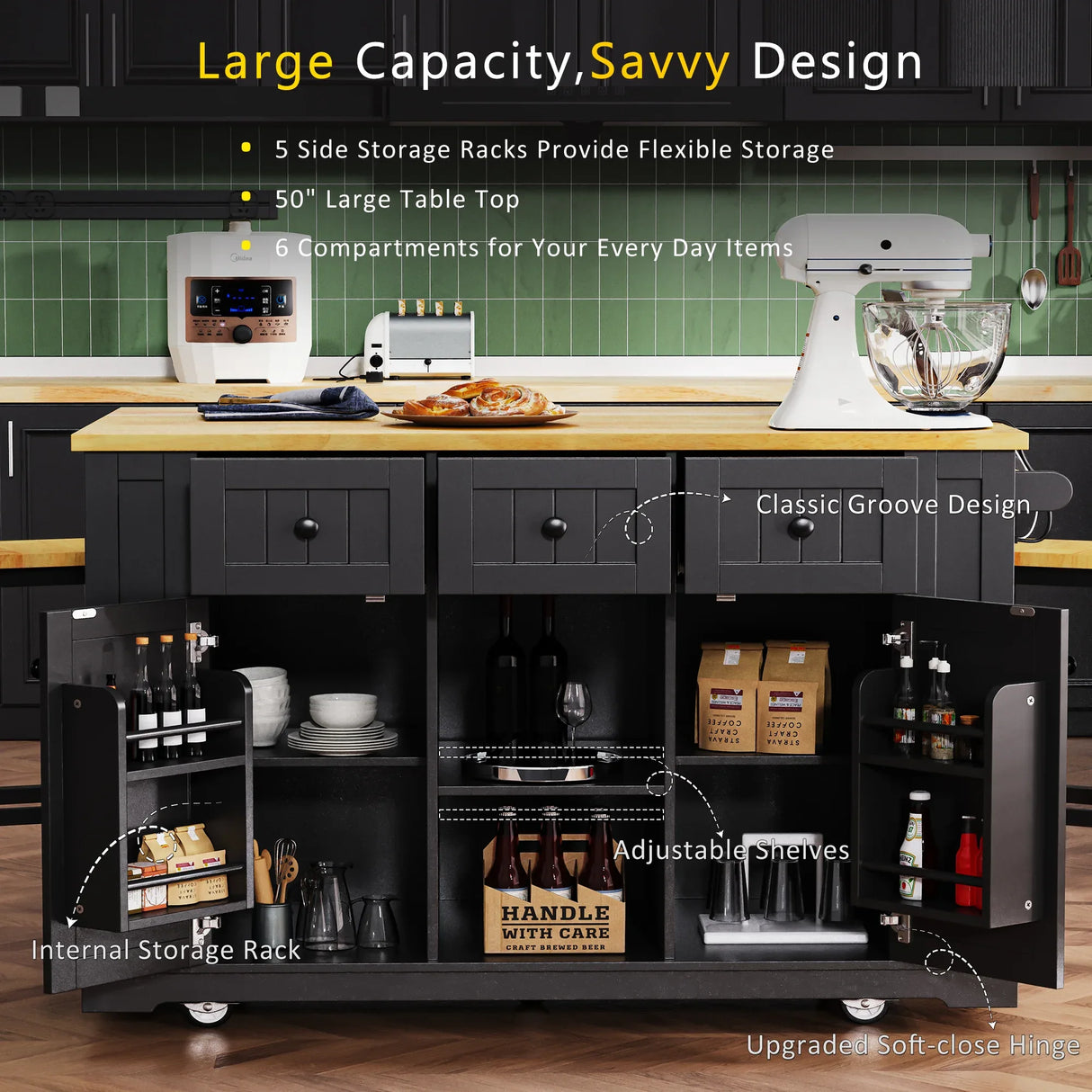 Large Kitchen Island Cart With Drop Leaf And Power Outlet - Omega Lifestyles