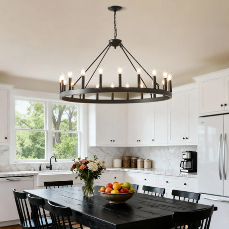 Matte Black 20-Light Farmhouse Wagon Wheel Chandelier - Omega Lifestyles