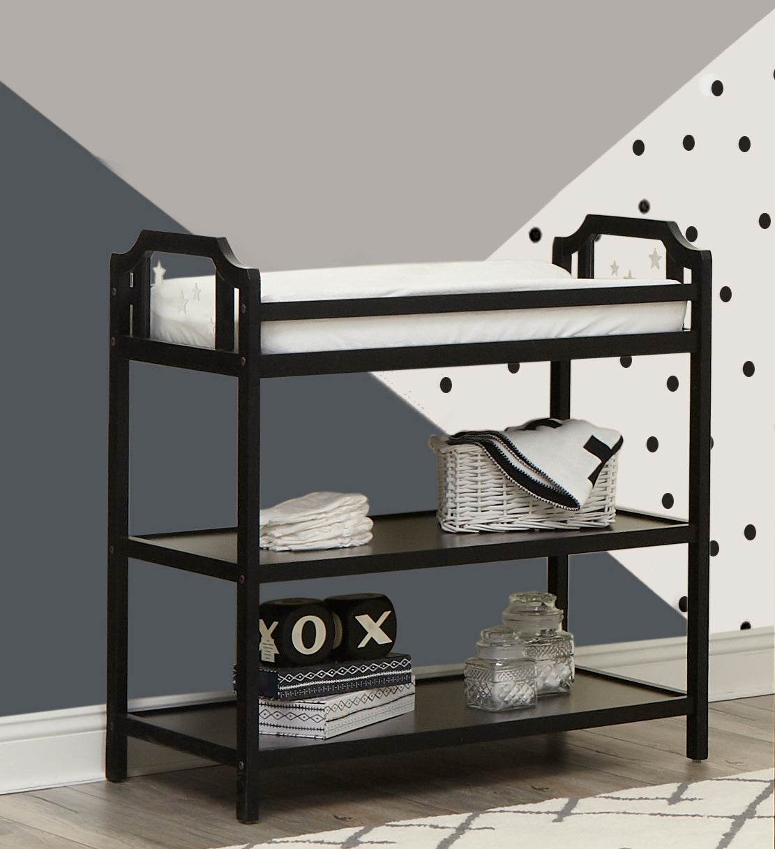 Solid Wood Black Changing Table With Storage Shelves